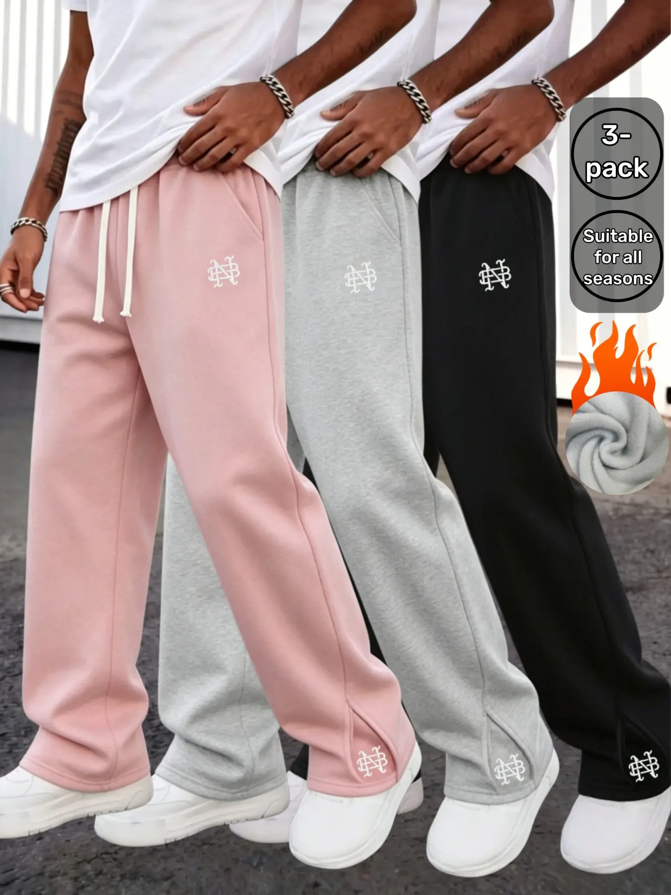 3-Pack Men's Simple Embroidered Wide Leg Sweatpants, Loose Straight Drawstring Sports Pants, Soft Casual Street Running Pants