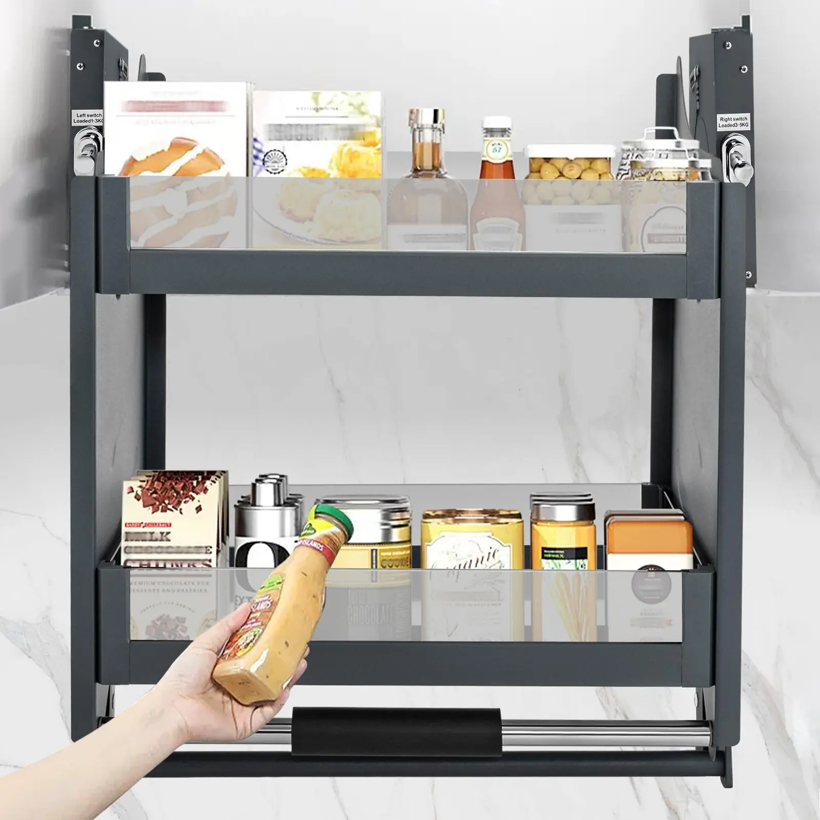 Pull-Down Tempered Glass Rectangle Storage Organizer Rack for Adult Upper Kitchen Wall/Pantry Cabinets, 24in Fit, 2-layer, 23.6inW x 10.6inD x 22.04inH, 13kg/28.66 lbs, Adjustable Shelving Solutions, Pantry Cabinet Organization