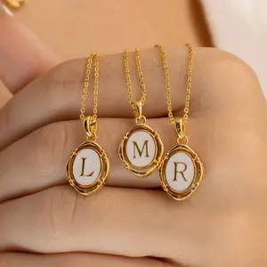 Women’s Aesthetic Initial Necklaces, Stainless Steel Enamel Oval 26 Alphabet Letter A-Z Pendant, Personalized Daily Jewelry Gift