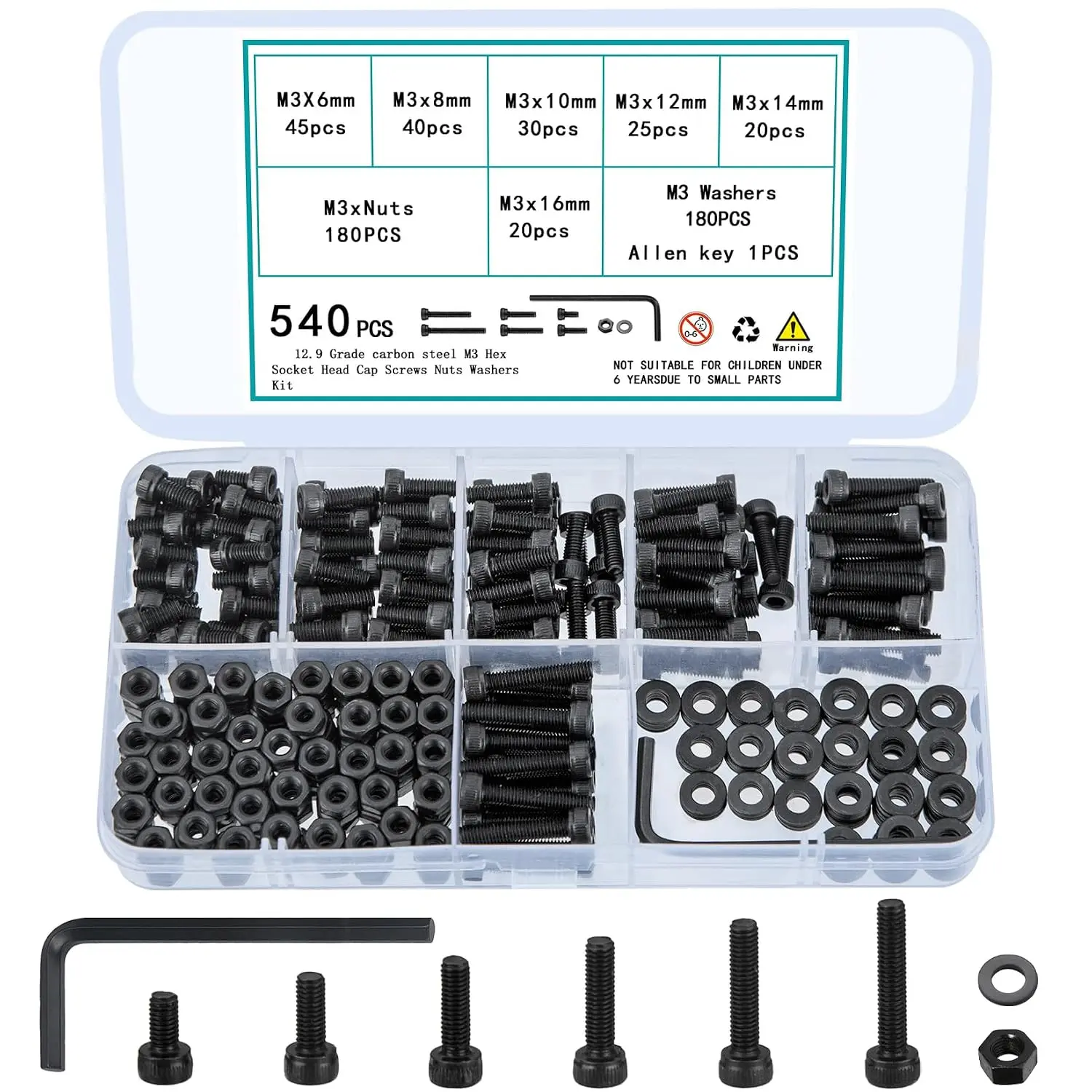 540 count M3 Screws  and Nuts  Kit, Small Hex Socket  Cap Screws  Nuts and , M3 Metric Screw  Set with Washers