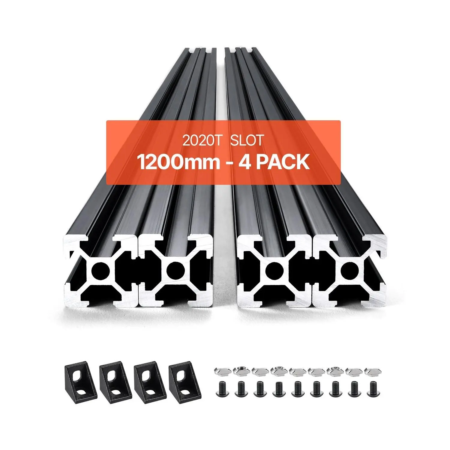 4-Pack 47.2-Inch (1200mm) T-Slot 2020 Aluminum Extrusion Anodized Linear Rail, High-Precision 20x20 Profile Track with Bolts for CNC Setup, Industrial Automation, Durable Finish & Easy Mounting