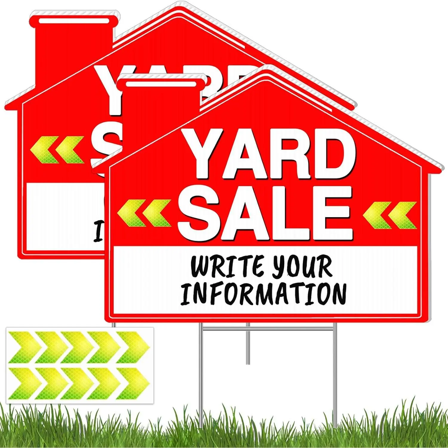 2 count Large Yard  Signs with with Metal H-Stakes, 16x13 Inch Double Sided Corrugated Plastic Garage  Sign Kit with 10 count Reflective Directional Arrows Tape for Outdoor Lawn Yard Estate