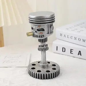 Resin Piston Skull-Shape Human Face Sculpture, Industrial Style Gear Ornament, Creative Indoor Recreation Desktop Decor