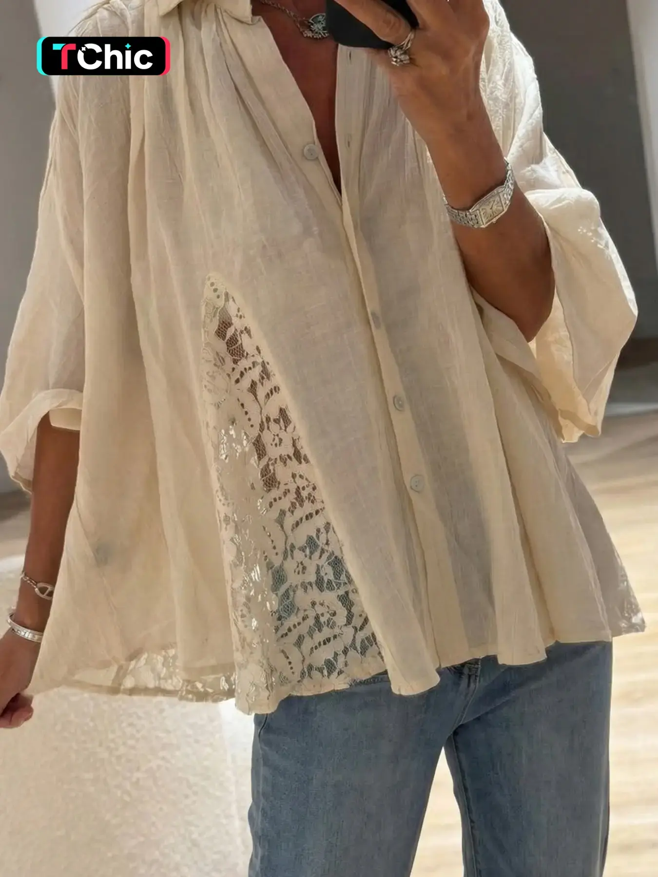 Spring Summer Casual Office Lace Patchwork Shirt Collar Loose Eight-Quarter Sleeve Shirt, Comfortable Daily Wear Top for Women, Blouse