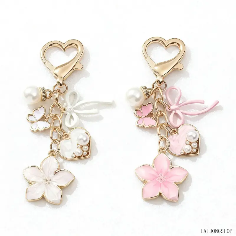 Vintage French Elegant Enamel Flower Bag Chain Charm, Pearl Inlaid Butterfly Heart Car Keychain Pendant, Quiet Luxury Coquette Purse Decor For Women Daily Handbag Commute Casual Outfits,backpack
