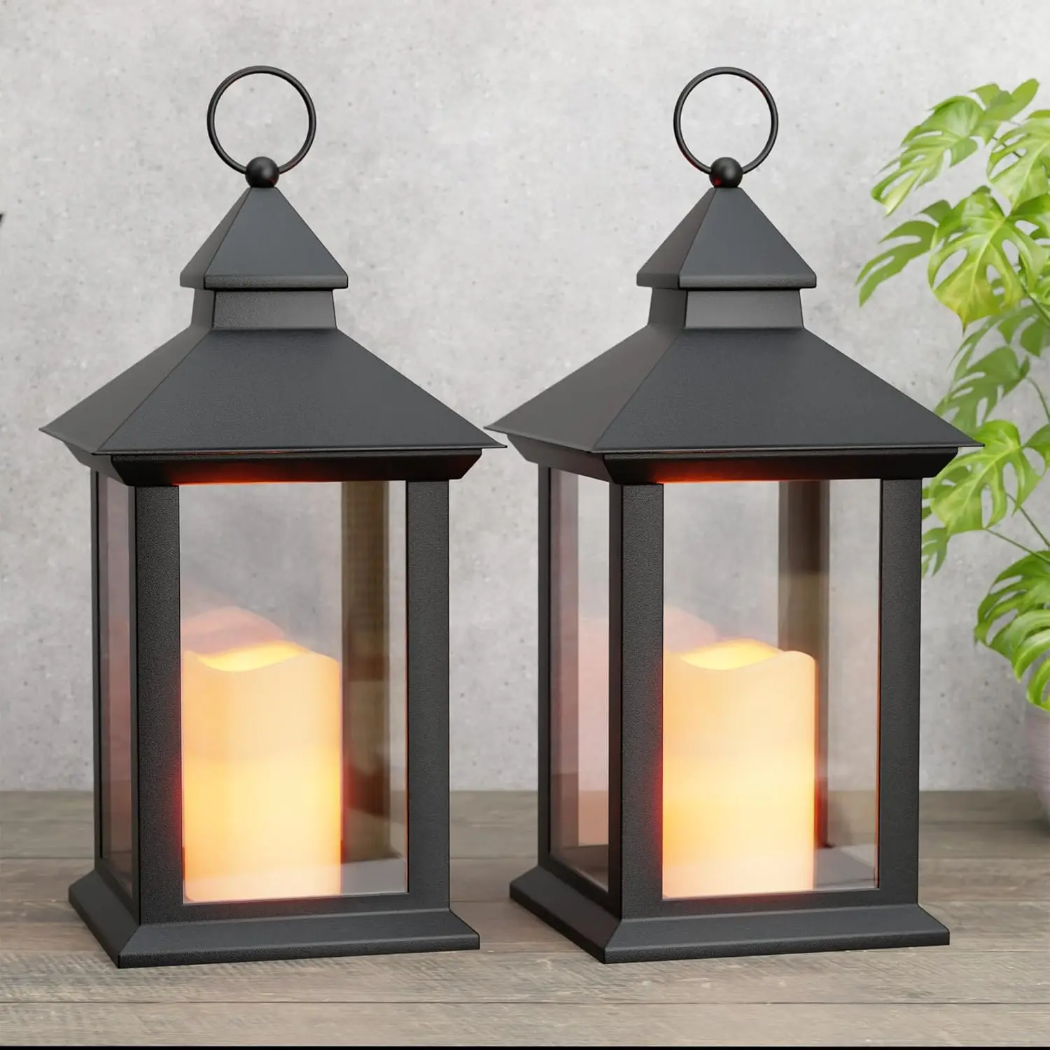 14" 2 Pack Black Decorative Lanterns with Timer Candle, Waterproof Battery Operated Vintage Hanging Lanterns for Indoor Outdoor Patio Porch Entryway Centerpieces