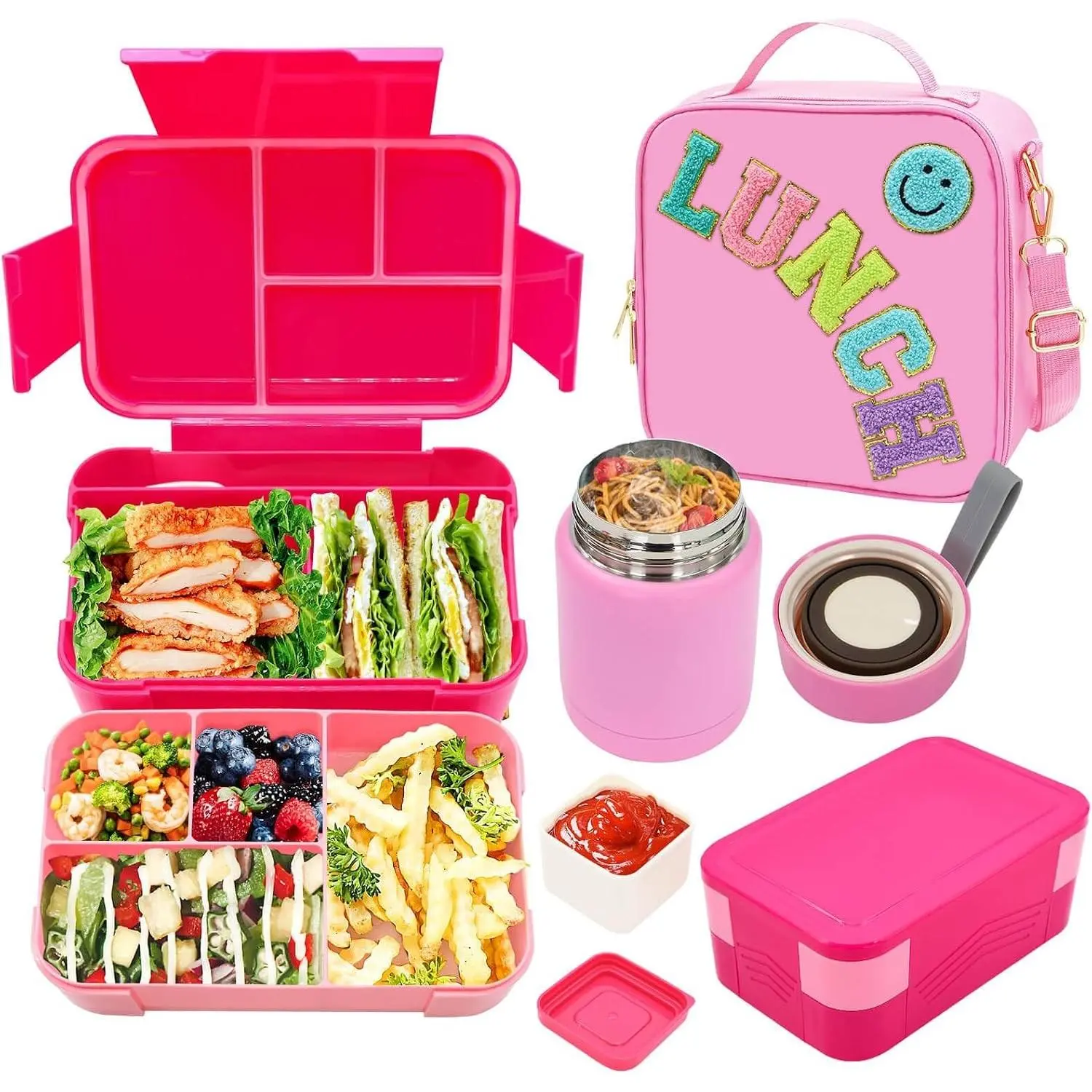 Pink Lunch Box for Girls with 10oz Thermo, with 6 Compartment Bento Box, Nylon Insulated Lunch Bag Adjustable Strap for Girl Kids Teens School Travel PicnicGift.