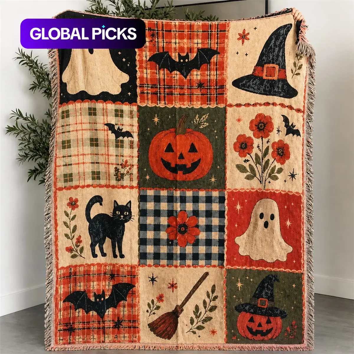 Halloween Patchwork Style Woven Blanket with Tassel Bed Blanket, Multi-Function Also for Sofa Cover Couch Throw Blanket Armchair Home Decor Room Wall Art Tapestry Furniture Slipcover Tablecloth Shawl Outdoor Picnic Camping Beach Towel Office Nap Hippie