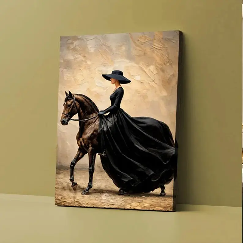 Elegant Equestrian Wall Art| Equestrian Canvas Print| Woman Riding Horse Art| Western Ranch Decor| Cowgirl Artwork| Modern Rustic Decor