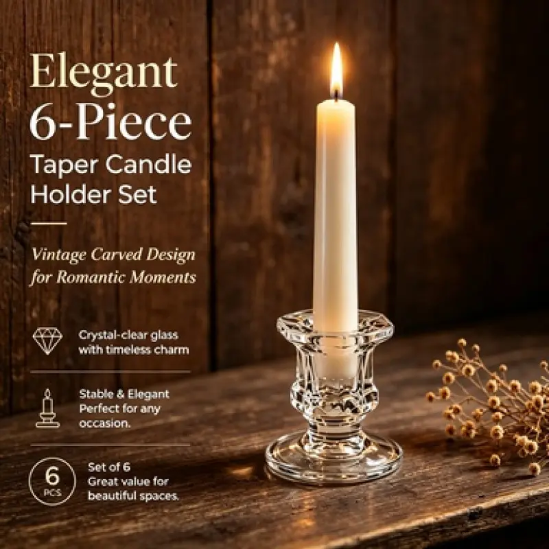 6 Pcs Classic Vintage Glass Taper Candle Holder Set, Wide Stable Base for Safe Candle Use, Great for Christmas Parties, Wedding Banquets and Modern Home Ambient Decoration, Glass Candlestick Holder