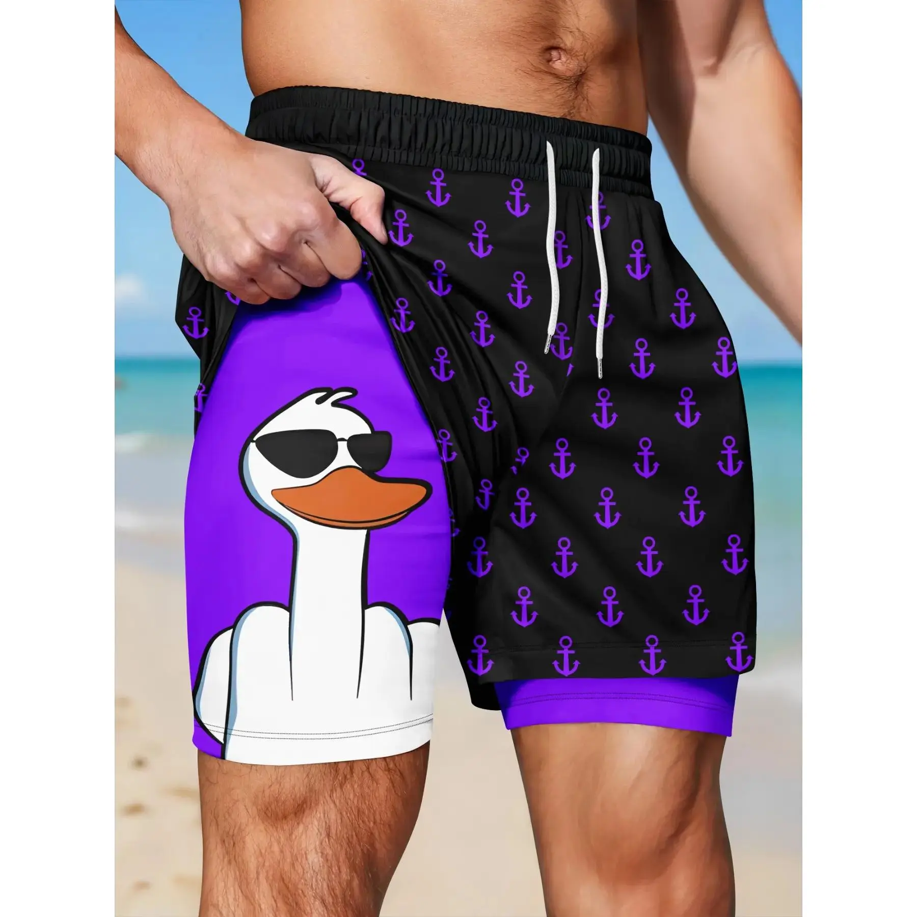 Men's 2-in-1 Quick-Dry Beach Shorts, Swimwear Shorts, Cool Cartoon Duck & Anchor Print Drawstring Casual Summer Swim Trunks, Swimsuit Shorts for Vacation