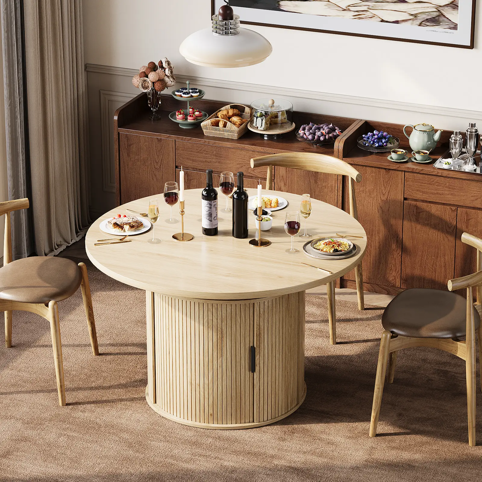 Extendable Round Dining Table with 2-Tier Storage Shelf & Drawer, 47 to 63 Inch Expandable Kitchen Table for 2/4/6/8 PM, Modern Farmhouse Fluted Pedestal Oval Round Dinner Table