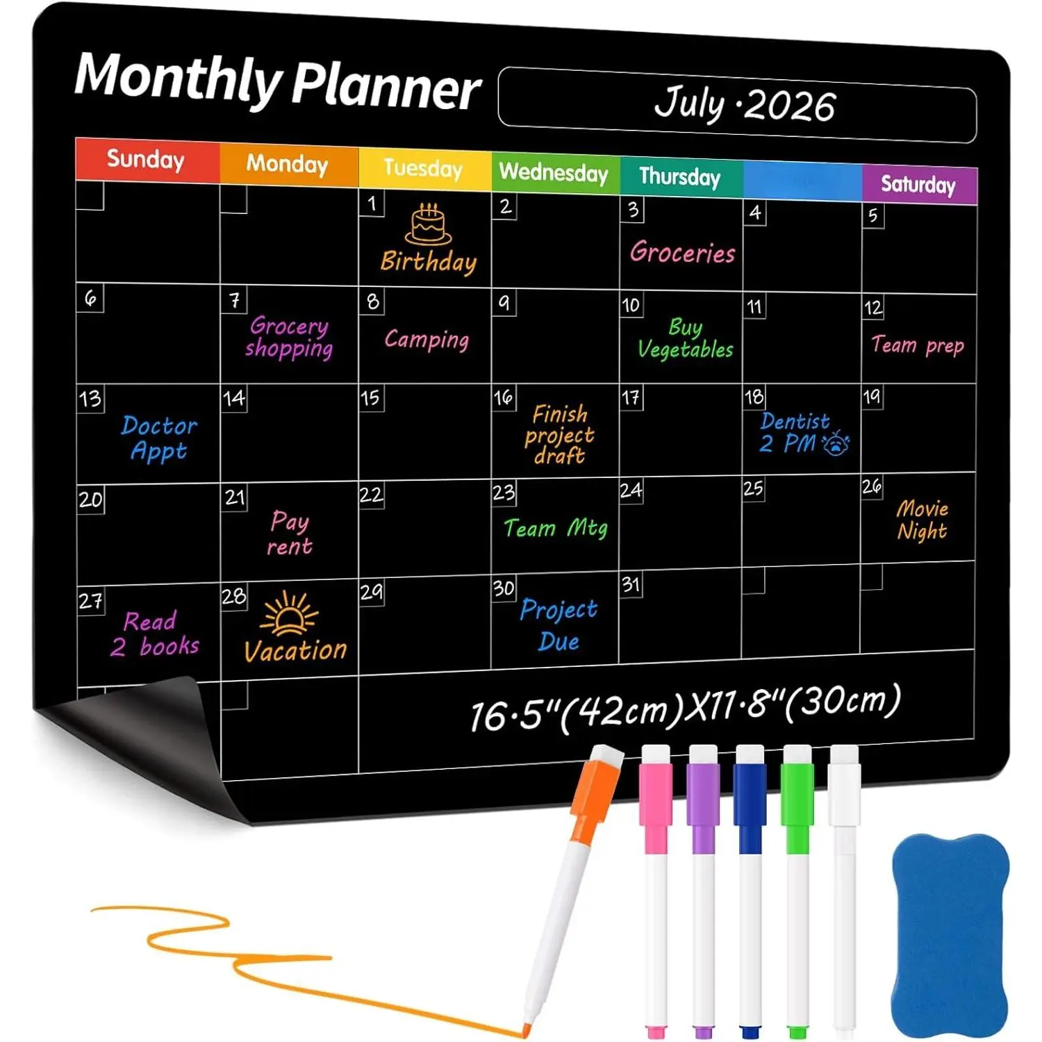 Stain-Resistant Synthetic Dry Erase Board (16.5"x11.8") - 2026 Calendar Grid Fridge White Board Planner Tool with 6 Markers & Eraser for Metal Surfaces Cleaning Schedule