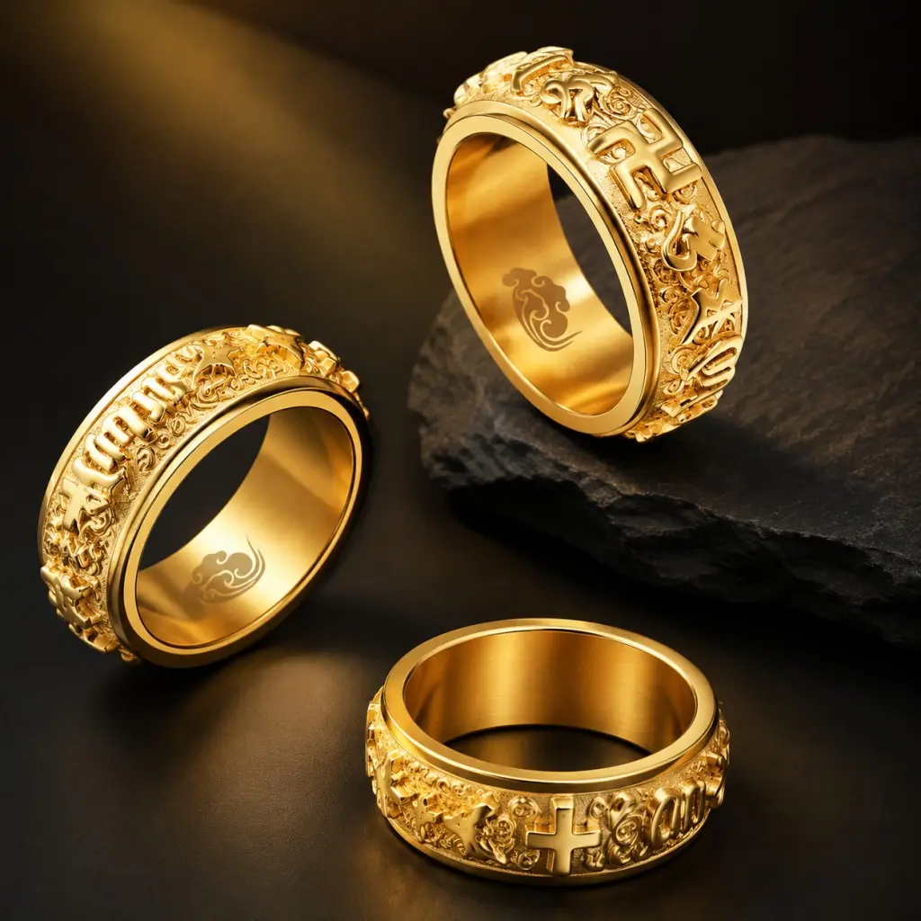 Spinning Prayer Ring for Men, Double Layer Rotatable Fidget Ring, 3D Engraved Titanium Steel Anxiety Relief Ring, Gold Stress Relief Spinner Band, Meditation Lucky Blessing Stackable Band Ring, Hypoallergenic Waterproof Daily Wear Jewelry Gift for Dad