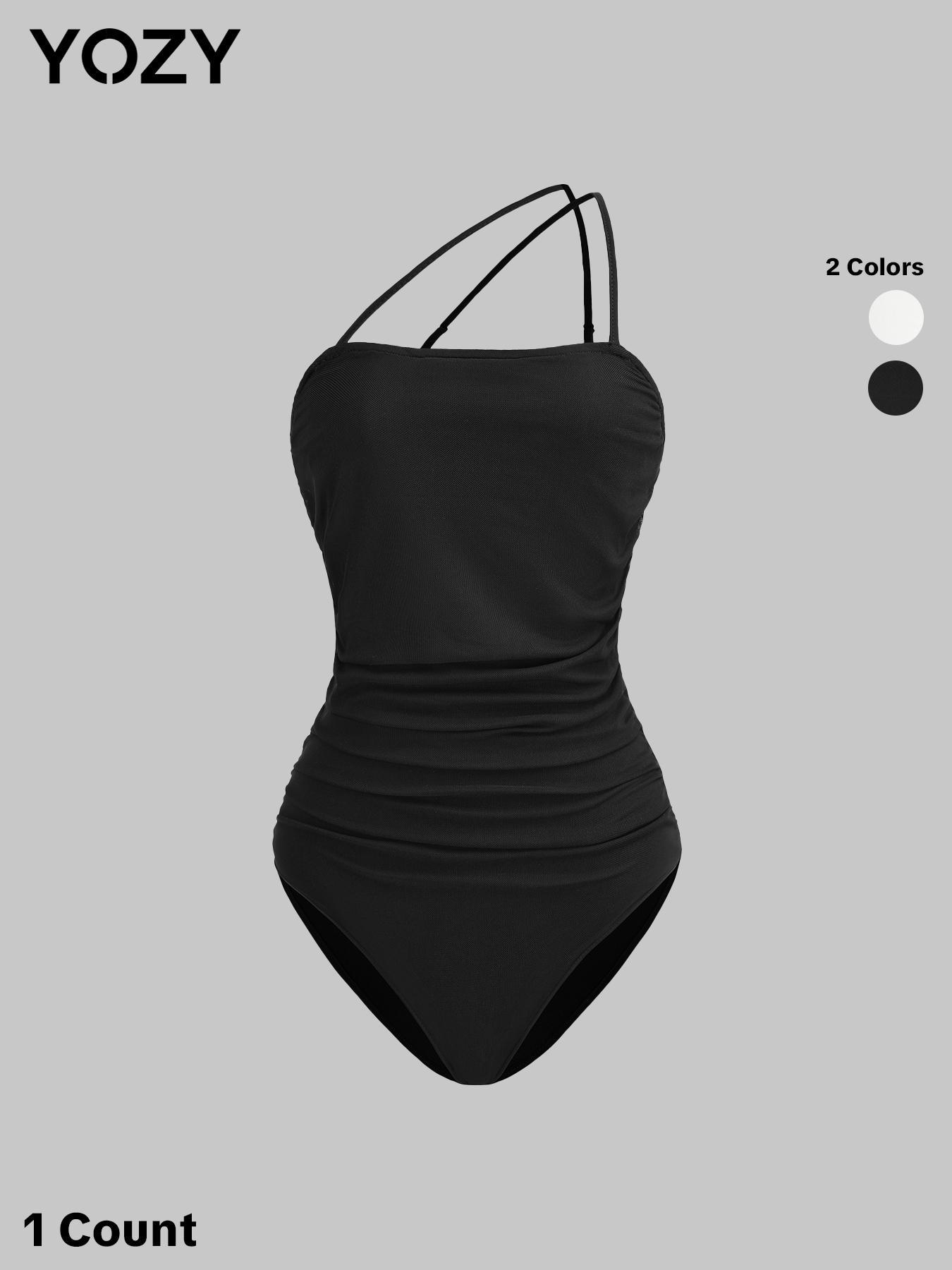YOZY Women's Plain Ruched Asymmetrical Bodysuit, Casual Adjustable Strap Sleeveless Bodysuit for Holiday Vacation, Ladies Clothes for All Seasons