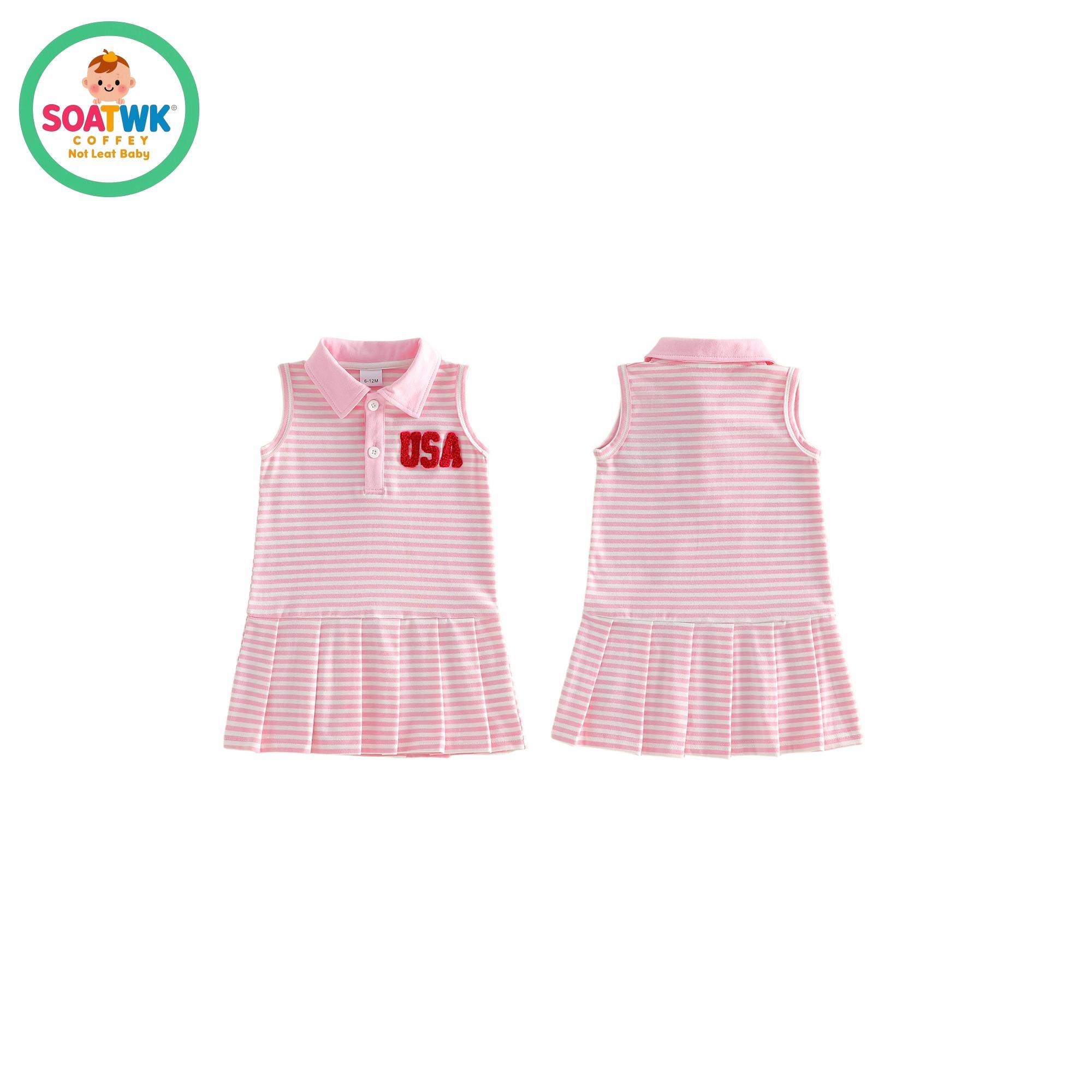 Toddler Baby Girls Patriotic Dress Fashionable 4th of July Letters Embroidery Sleeveless Collared Striped Dress