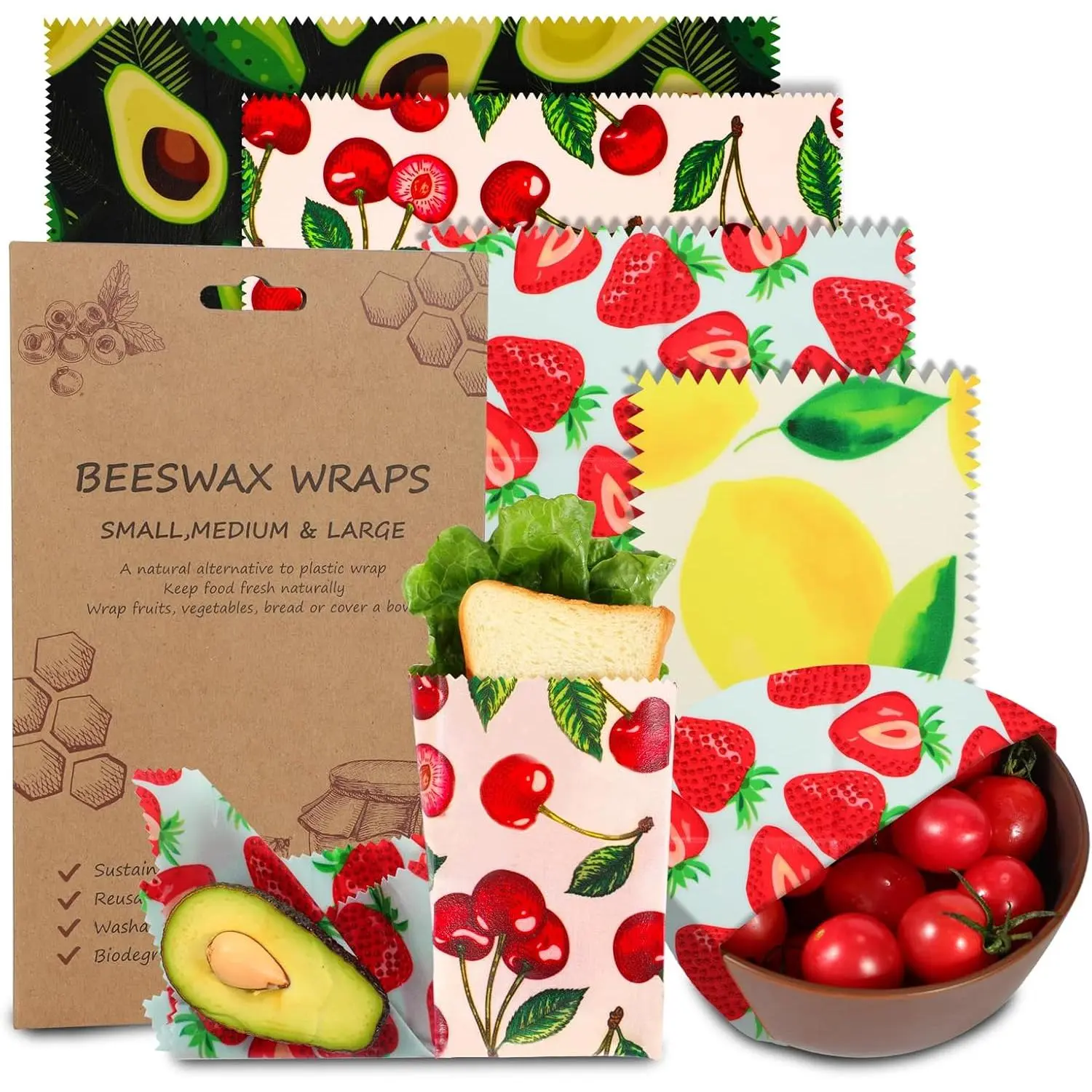 Beeswax Wrap, 4 Pack  Beeswax Wraps For , , Sustainable, , Zero , Plastic-Free  Storage, 1L Avocado, 1M Cherry, 1S Strawberry, 1XS  Patterns