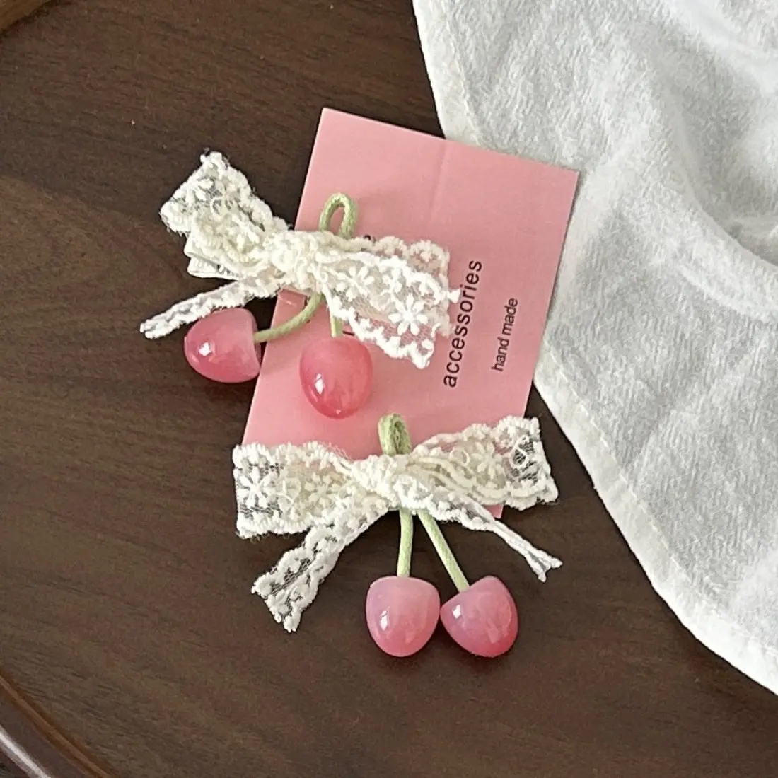 Cherry Bow Hair Clip for Women & Girls, Pink Lace Bow Barrette with Cute Coquette Aesthetic Design, Sweet Kawaii Hair Accessory for Side Hair Styling, Trendy Y2K Hair Clip for Daily Wear, School, Party & Gift
