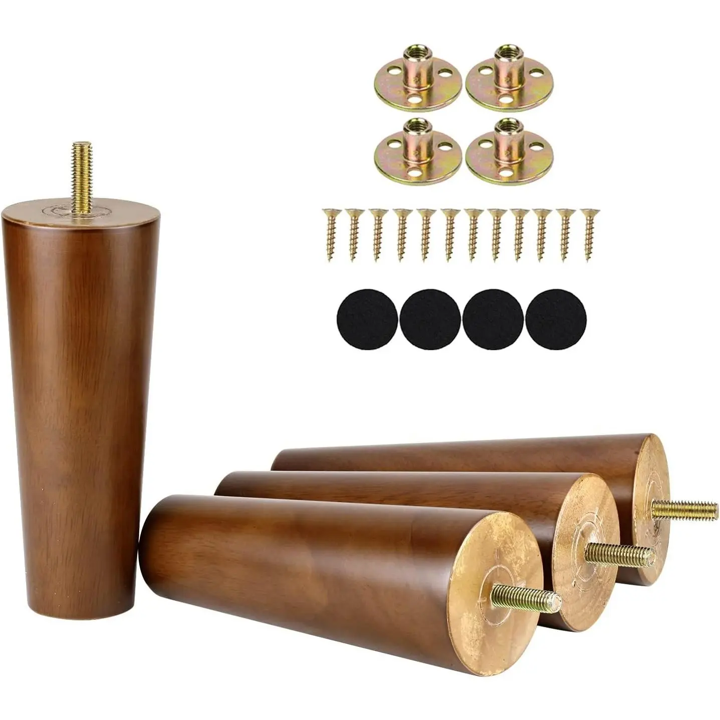 Fixed Size 6-in Solid Oak Wood Furniture Legs (Set of 4) - Mid-Century Natural Grain Simple Shape Replacement Feet for Cabinet, Couch, Pre-Drilled with M8 Bolt, Mounting Nuts & Screws Included