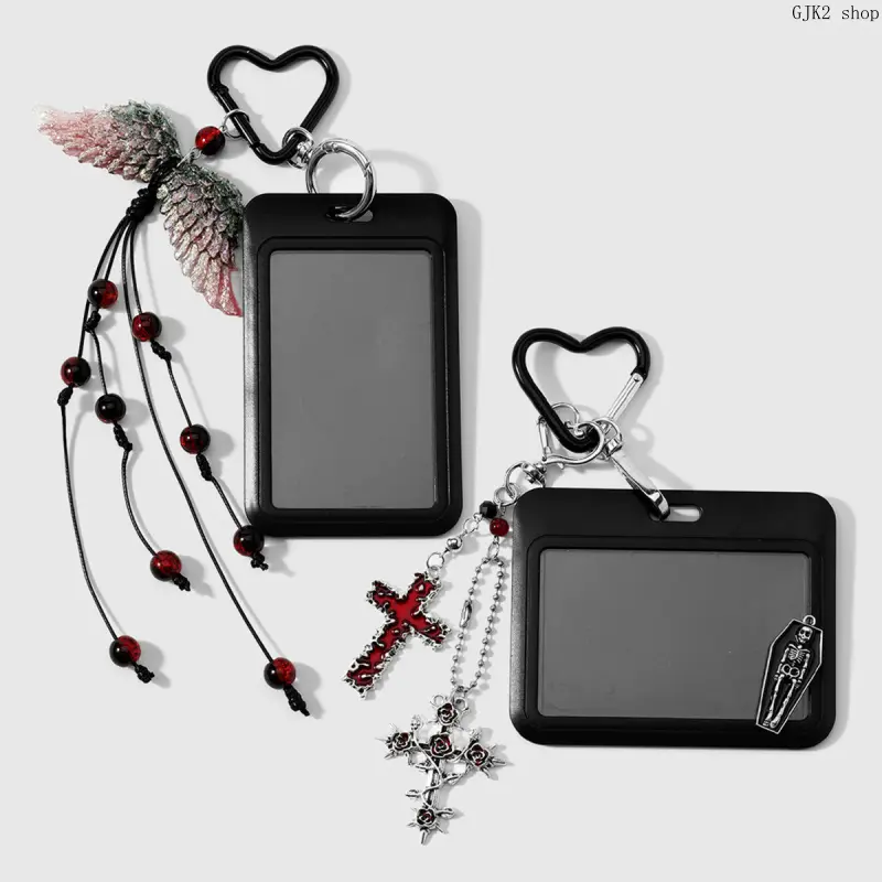Gothic Card Holder Keychain Set, Angel Wing Cross Skull Coffin Beaded Charm ID Badge Holder