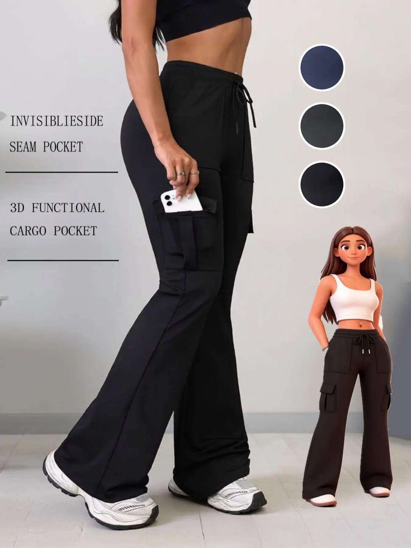 Women's Straight Leg Cargo Pants, New European Style, Solid Color, Slim Fit, Pockets, Breathable, Elastic, Adjustable, Comfortable, Multisport, Fitness, Bottoms, Yoga Casual Trousers