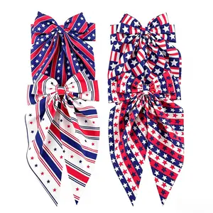Women's 4pcs 4th of July Hair Accessories Set, American Flag Print Star Bow Clips Barrettes, Classic Blue Color Party Headwear