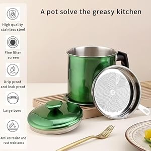 Bacon Grease Container With Strainer, 48 oz Metal Shining Green Coating Oil Container, Pot Fat Storage With Lid, Easy Grip Handle Suitable For Storing Frying Oil And Cooking Grease