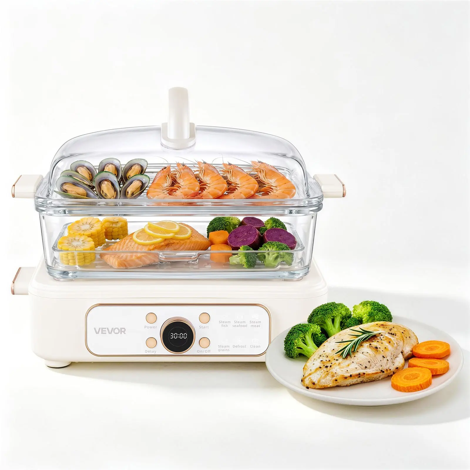 VEVOR Electric Food Steamer 6.3 QT Glass with 2-Tier Stainless Steel Trays, 1200W Vegetable Steamer for Cooking, 1-3 Servings, Pre-Programmed Settings, Delay Start, for Veggies, Seafood & Rice, White