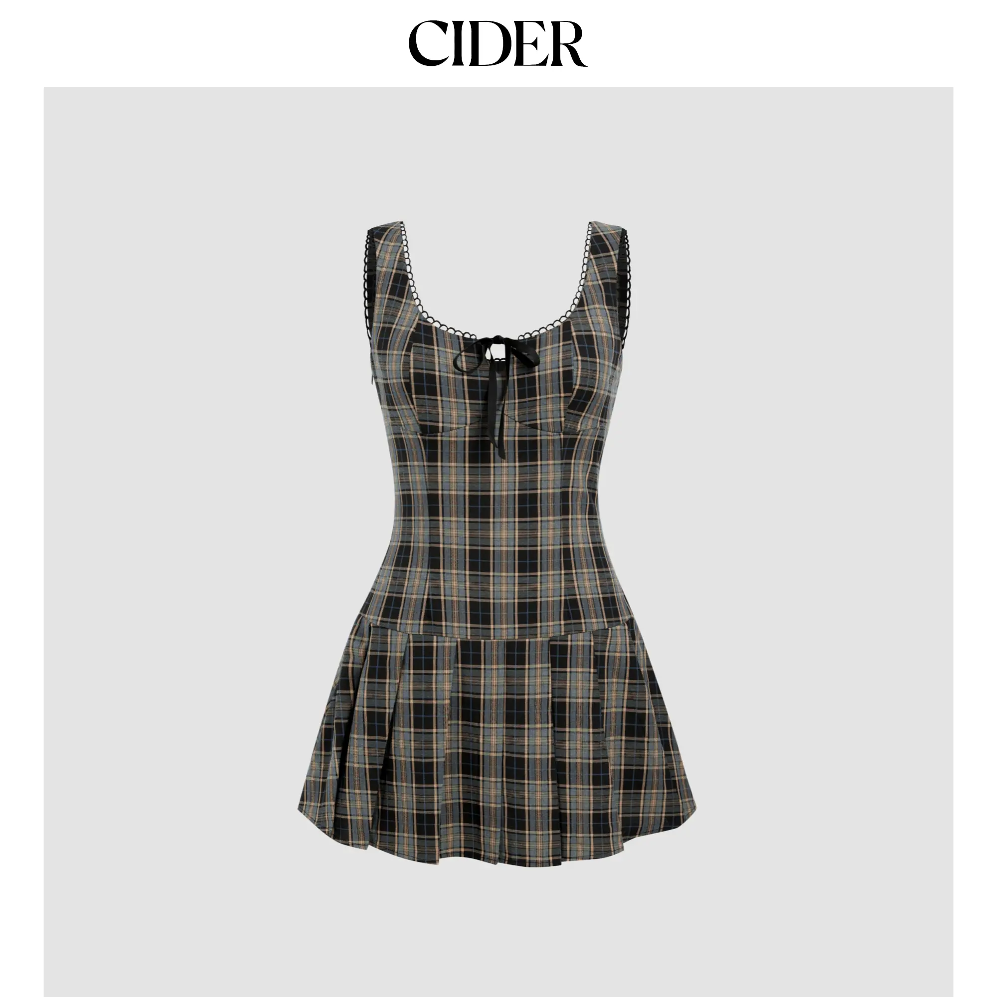 Cider [2 colors, size 0-26] Square Neck Check Bowknot Pleated Mini Dress SohoChic