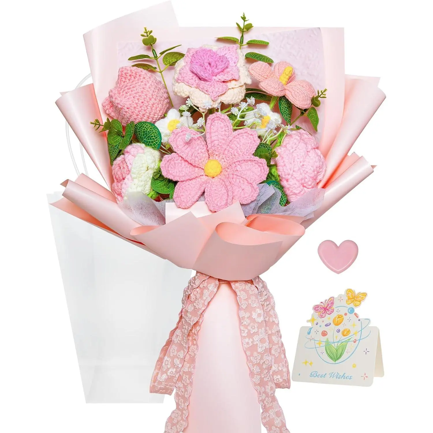 Crochet Flower Bouquet, Pink Handmade Crochet Flowers, Knitted Flowers Roses Crochet Bouquet for Valentines Day Birthday Mother's Day Anniversary Graduation Gifts (with Card and Clip)