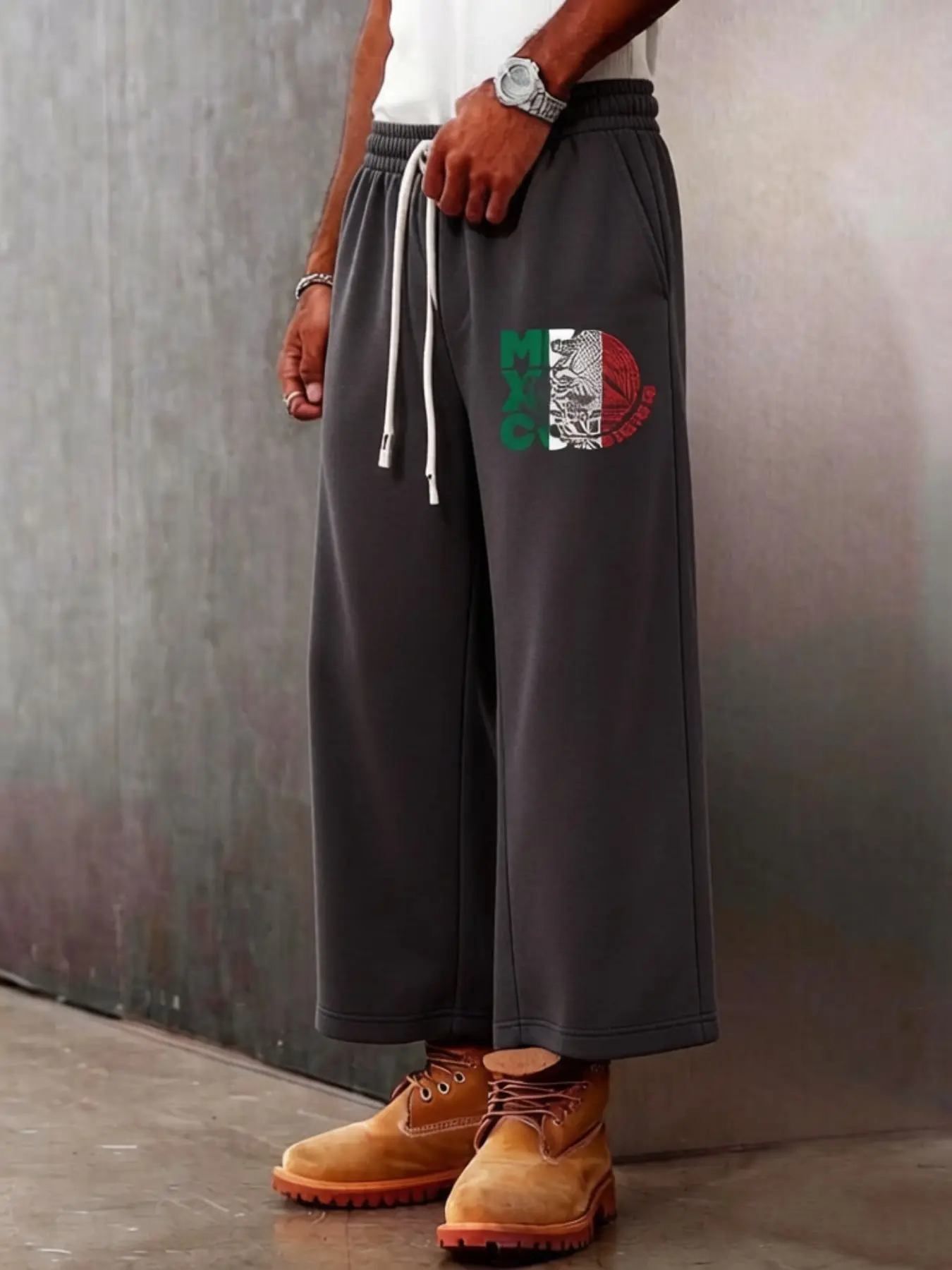 Mexican Flag Print Men's Wide Leg Sports Pants, Elastic Drawstring Waist, Loose Fit Jogging Pants, Casual Streetwear for Daily Exercise