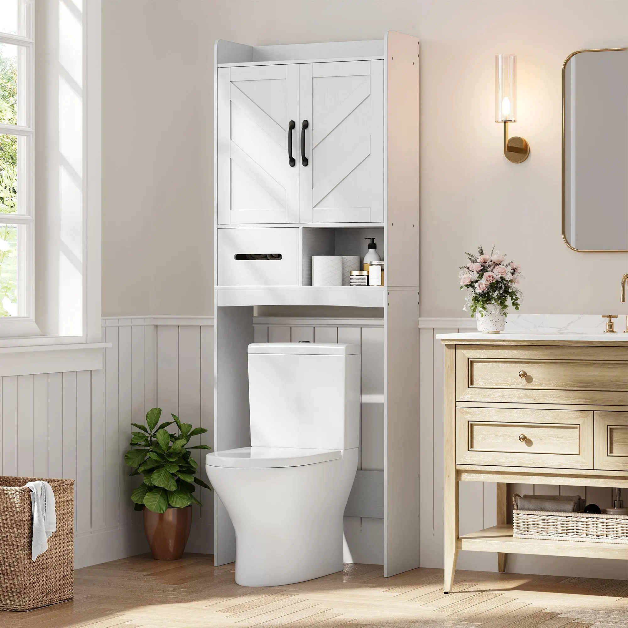 Over The Toilet Storage Cabinet with Barn Door, Freestanding Bathroom Organizer Shelves with Toilet Paper Holder, 3 Tier Adjustable Wood Metal Bathroom Space Saver Rack for Laundry Room Restroom Apartment