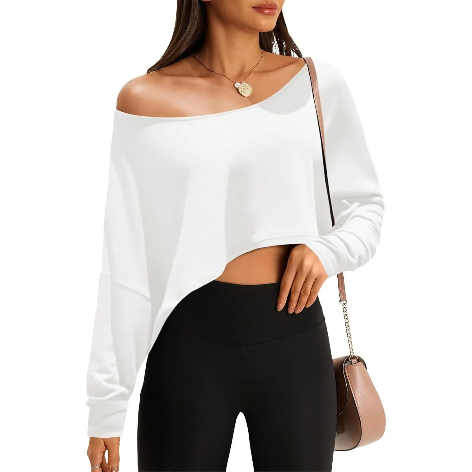 Women's Off-The-Shoulder Asymmetric Crop Top - Batwing Long Sleeve, Loose Fit, Lightweight Gym Fitness Summer Boat Neck T-Shirt