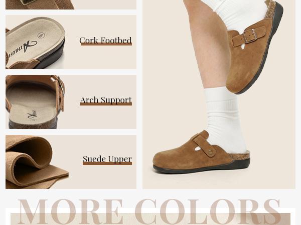 Athlefit Genuine Leather Clogs for Women Soft Cork Footbed Adjustable Buckle Mules Slip On Potato Shoes with Arch Support