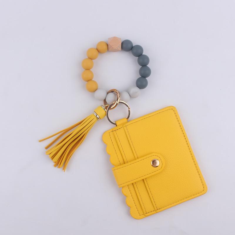 Silicone bead bracelet card holder accessories, silicone bead wristband, PU tassel women's wallet, leather tassel keychain