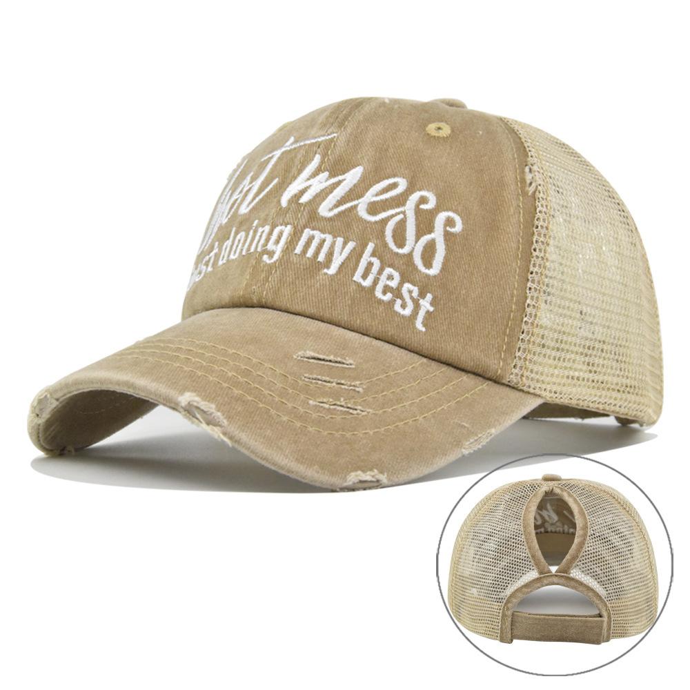 Ponytail hat with embroidery, European and American trendy cap, open-top baseball cap, ponytail cap, distressed baseball cap, versatile sun hat