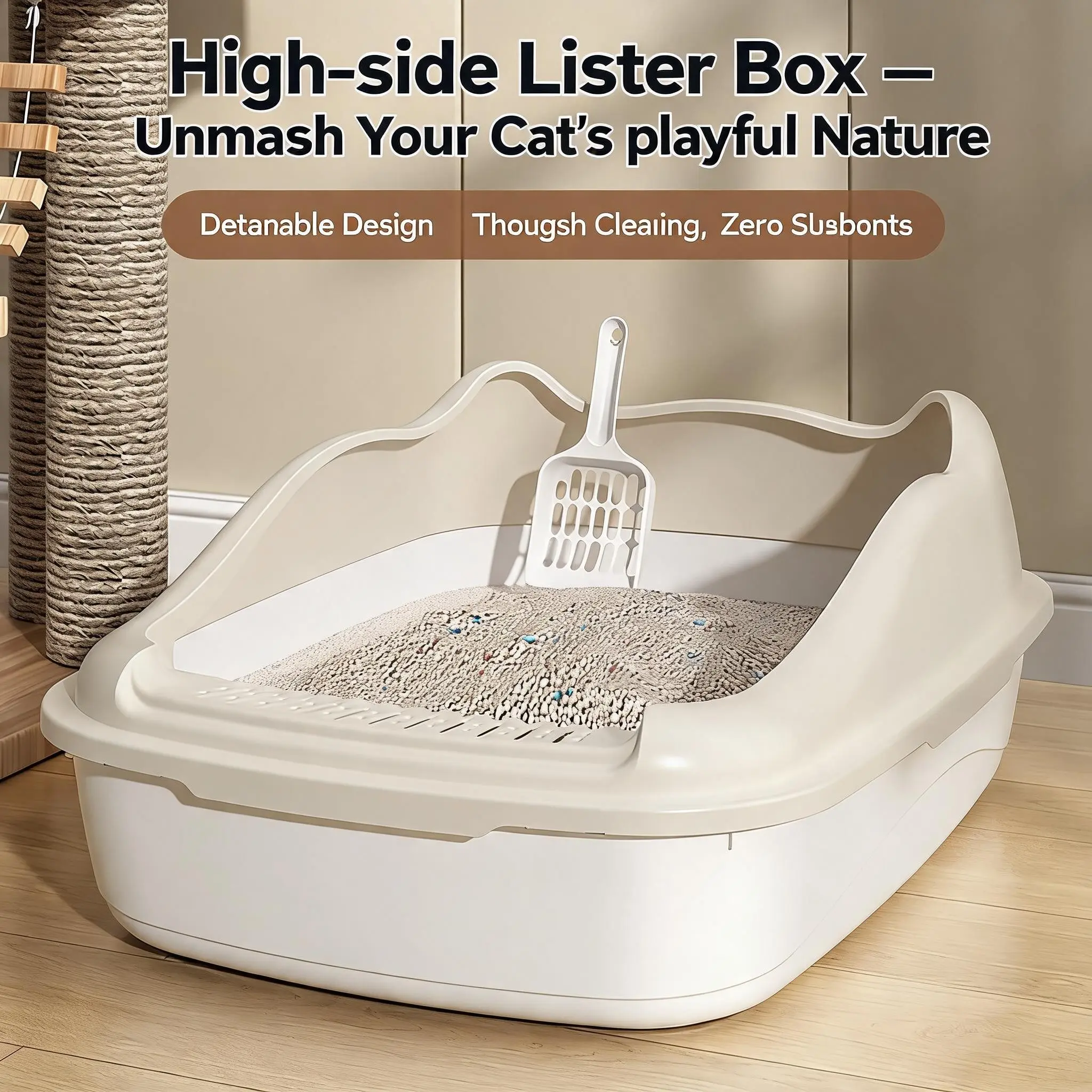 High Fence Semi-Enclosed Cat Litter Box, Deep Design Prevents Spills, Large Open Style Cat Toilet with Scoop Included