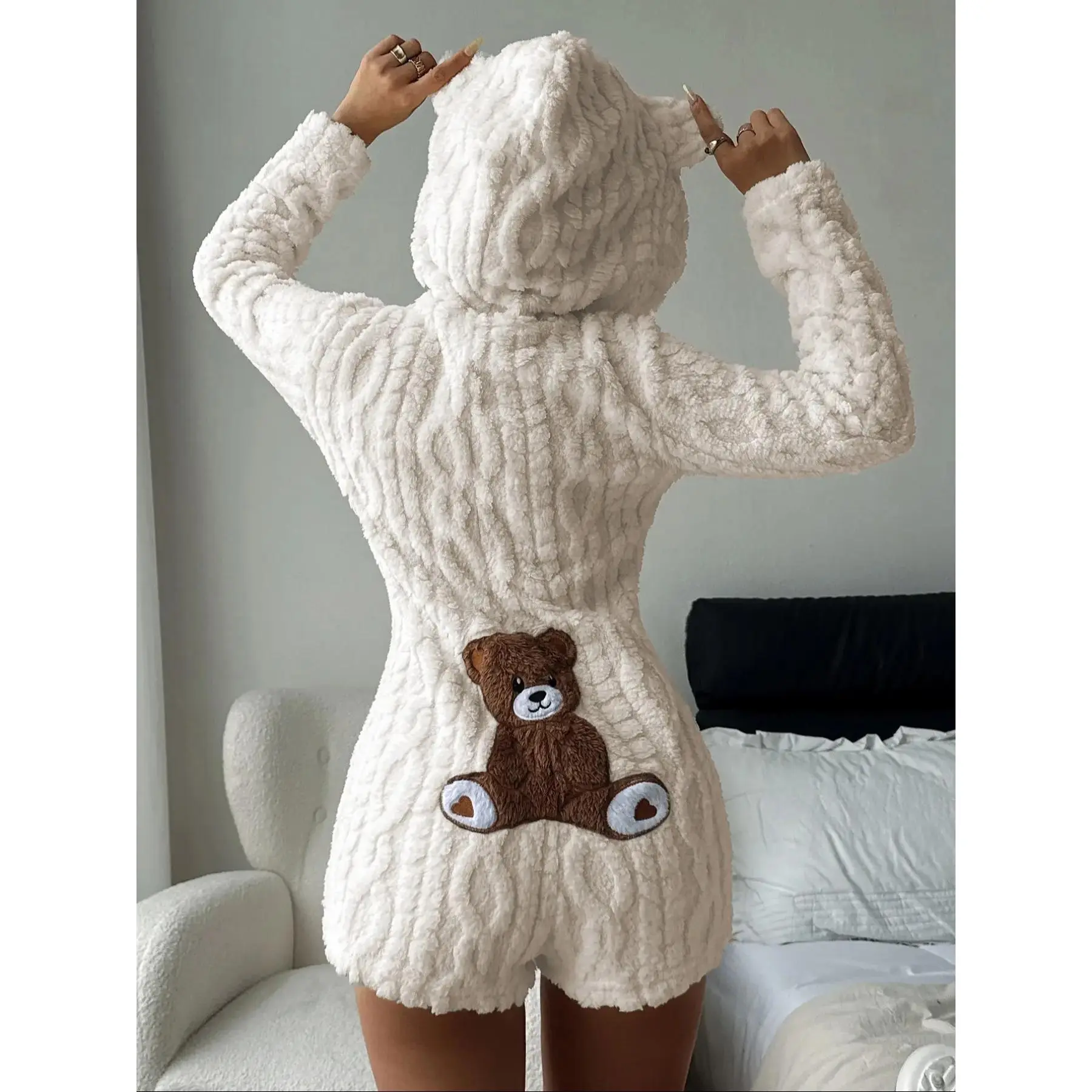 Women's Cute Teddy Bear Embroidered Hooded Long Sleeve Fleece Sweatshirt, Comfortable Fashion Design, for Her, Daily Wear, Must Have Item, Simple Style, Wardrobe Staple, Versatile Trendy Look essential basic