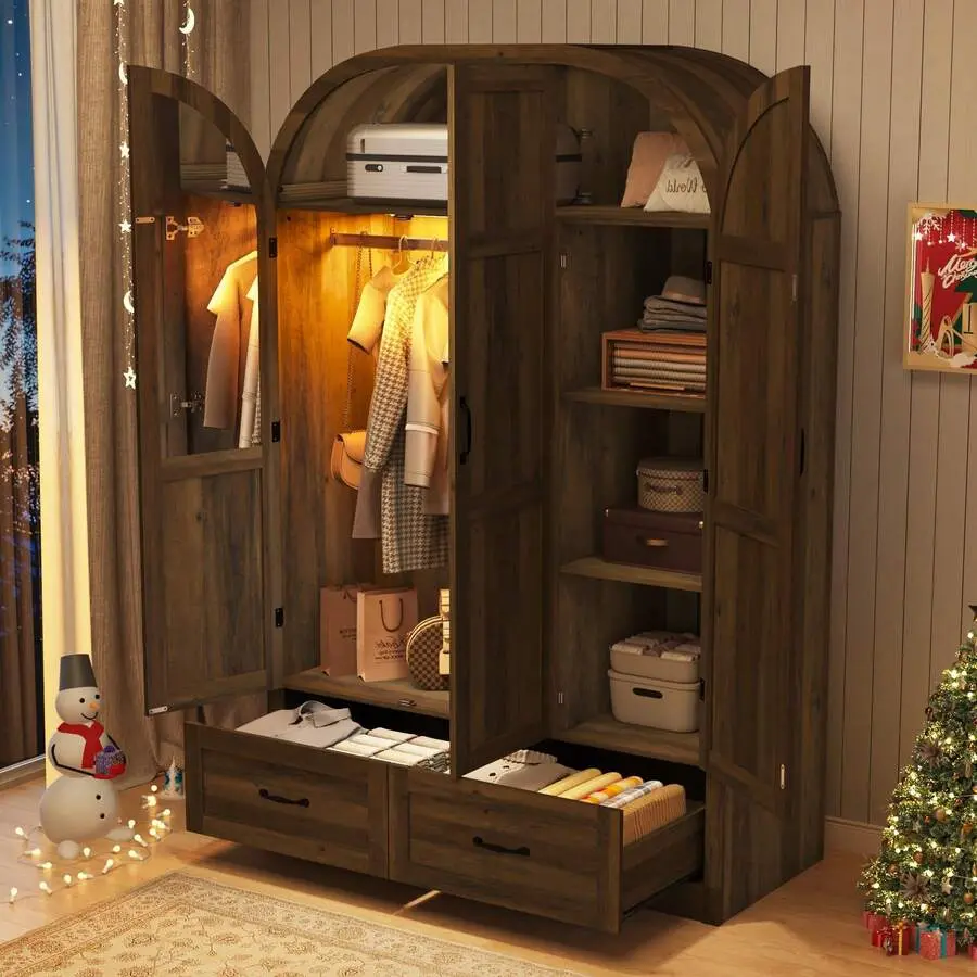 71" Farmhouse Arched Top Wooden Bedroom Armoire - Mirrored Closet with Lights, MDF Wood Storage Cabinet, Hanging Rod & Drawers for Bedroom Use