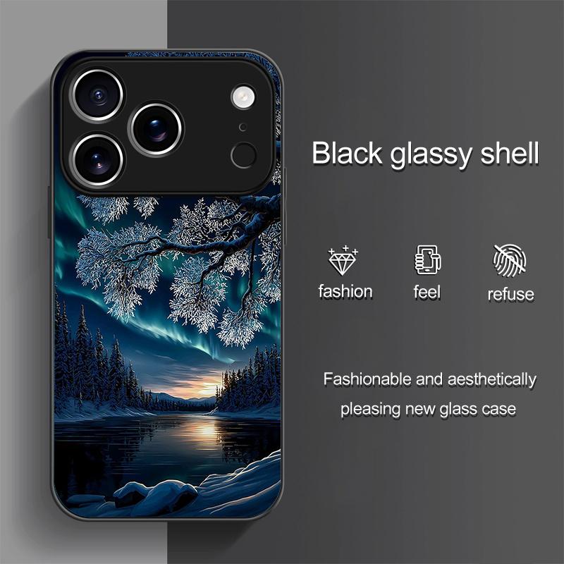 Phone case: Northern Lights Snowscape Night HD Glass Phone Case, Compatible with iphone17 17Air 16 Pro 15 Promax 14 Plus 13 12 11