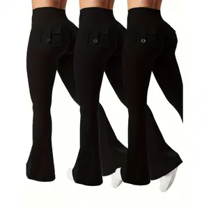 3pcs Of Black, Gray And Green Fashionable Workwear Style Bell Bottoms, Women&#   39;s Casual Bell Bottoms, High Waist Pocket Sportswear, Work Style Peach Hip Pants, Sports Quick-drying Tummy Control Butt Lifting Trousers Flare Leggings