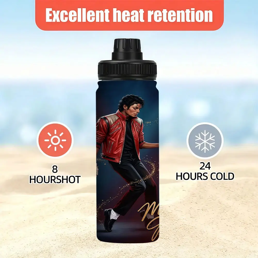 Michael Jackson Print Stainless Steel Water Bottle, 20oz Portable Leak-Proof Insulated Travel Mug with Handle Loop, Fan Outdoor Drinking Cup, Thermos For Hot Drinks