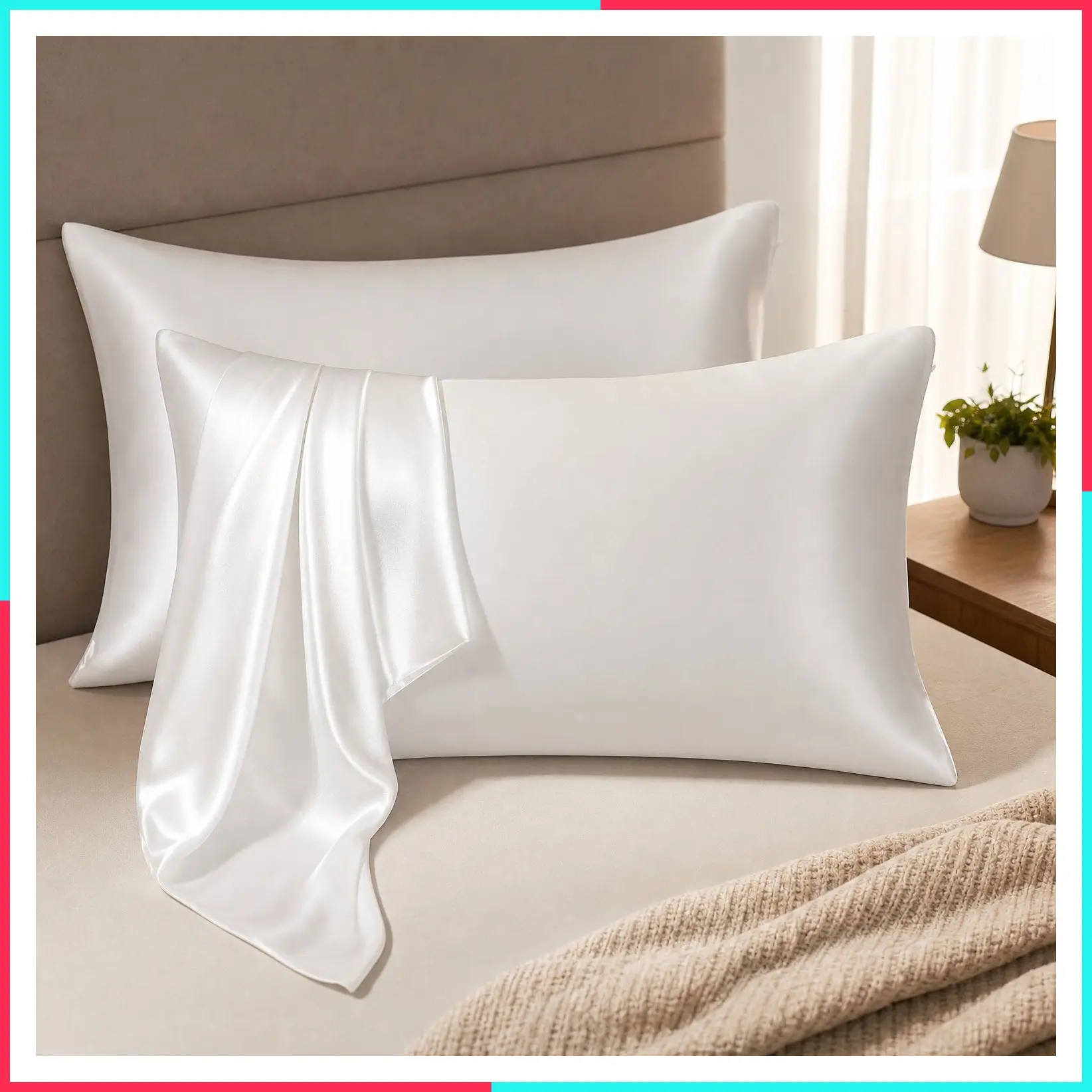 2 Pack Mulberry Silk Pillowcases Standard Size White, Natural Silk Satin with Zipper, Smooth Anti Acne Beauty Sleep for Hair & Skin, Gift for Women