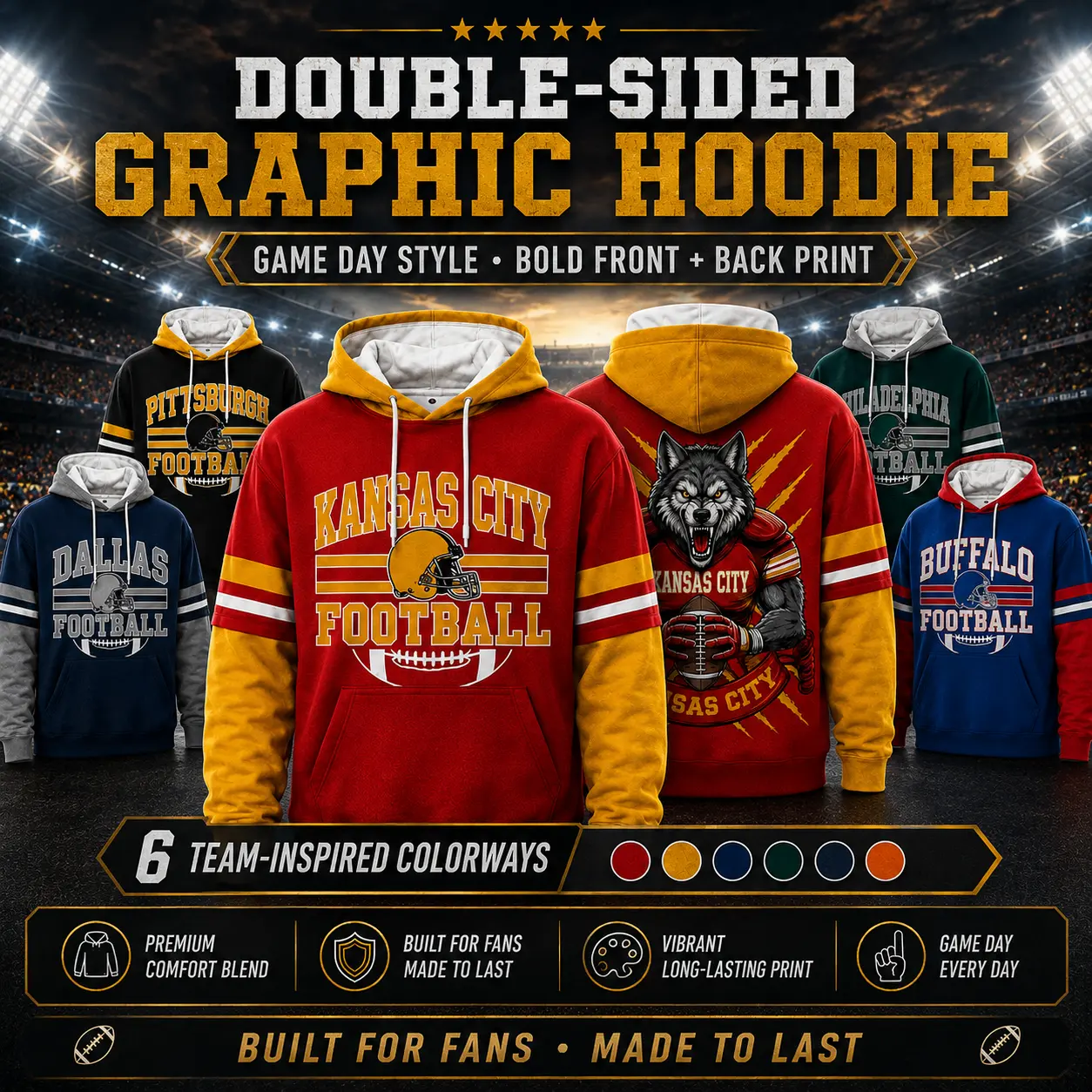 Unisex Retro Football Helmet Graphic Hoodie, Double Sided Front Back Print Color Block Pullover Sweatshirt, Vintage Football Inspired Hoodie with Kangaroo Pocket, Game Day Fan Apparel for Sports Casual Streetwear