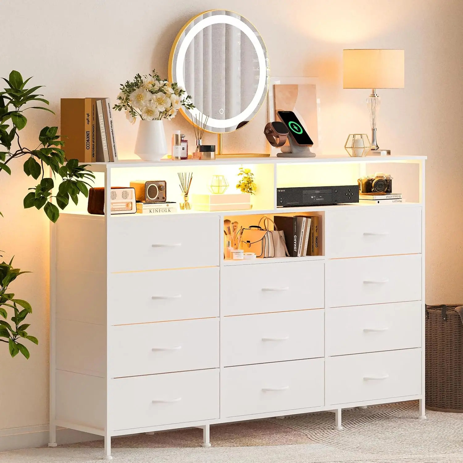 55 Inch 11-Drawer Fabric Dresser with LED Light and Charging Station, White Bedroom Storage Chest with Steel Frame and Wood Top, TV Stand for Living Room Hallway