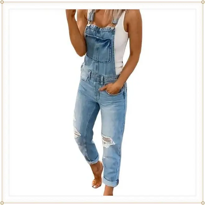 Women's Ripped  Bib Overalls Adjustable Straps Pockets Jean Rompers Casual Distressed Jeans Fit Jumpsuits   Style Sports Double Shoulder Strap Ripped  Jumpsuit Women's Casual Wear Dungarees Comfort rompers women romper Womenswear Basic��gift�