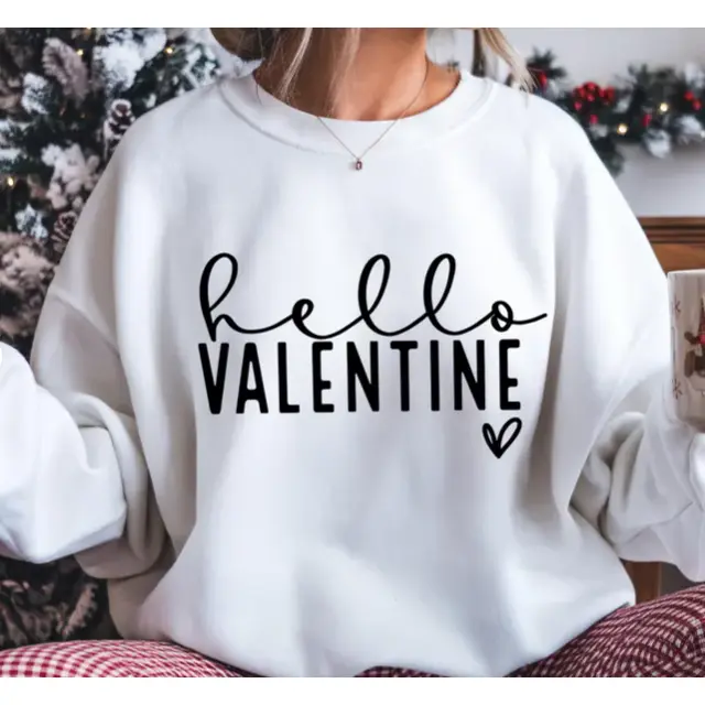 Hello Valentine Heart Graphic Oversized Crewneck Sweatshirt, Soft Cotton Comfort Cute Fashion Outfit, Minimal Love Top, Best Valentine Gift For Her Him Lover Couple Present