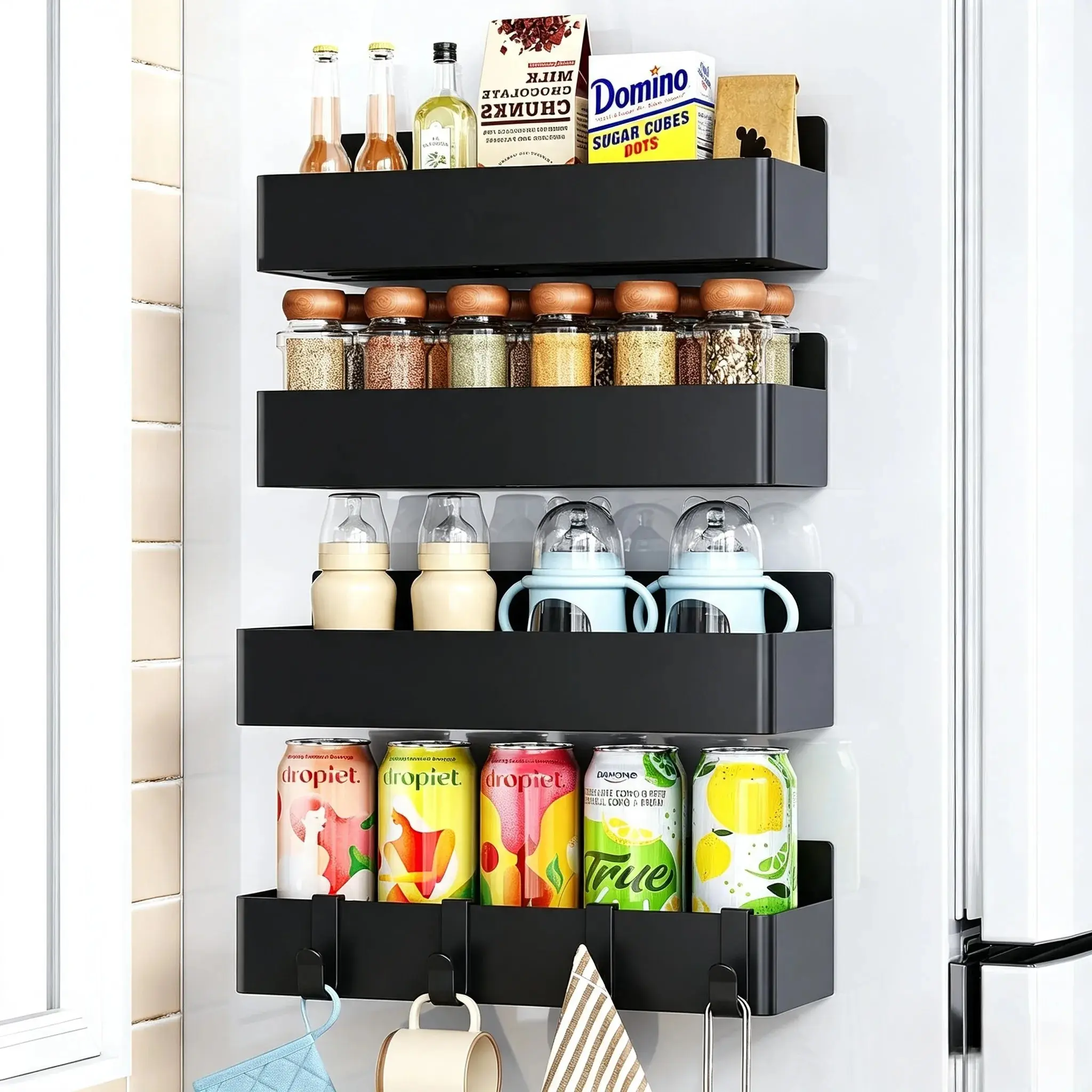 Magnetic Fridge Side Organizer, Strong Magnet Metal Spice Storage Rack, No‑Drill Mount Kitchen Gadget for Refrigerator, Washer, Oven, Coffee Bar & Pantry Home Space Saving Solution