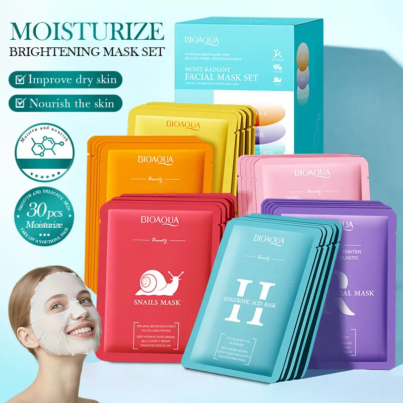 BIOAQUA 30PCS Retinol Vitamin Snail Niacinamide Curcuma Hyaluronic Acid Face Mask Set |   Moisturizing Sheet Mask Gift Box for Women