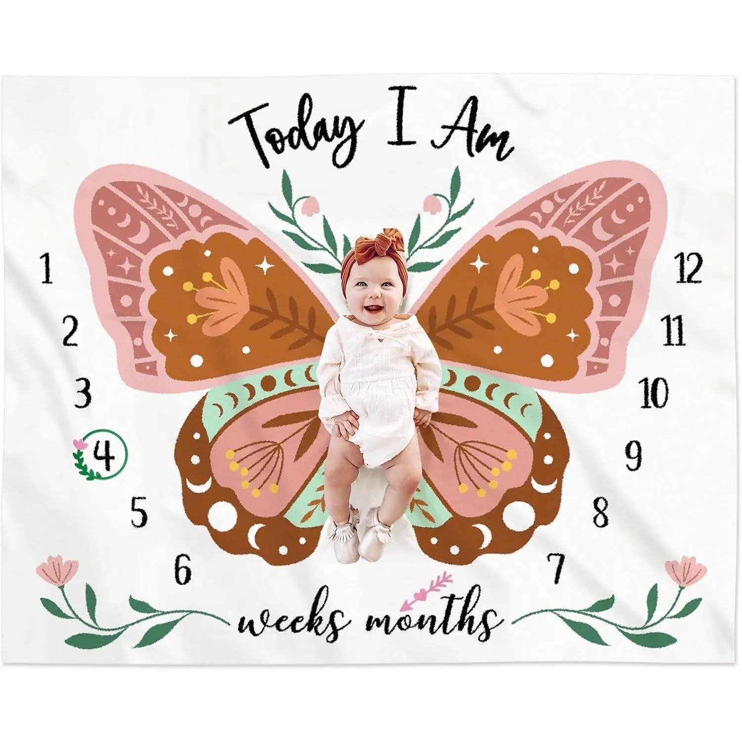 Boho Butterfly Monthly Milestone Baby Blanket, Bohemian Floral Girl Photo Prop, Sage Green and Pink Personalized Newborn Nursery Decor, Baby Shower Gift(Gift)